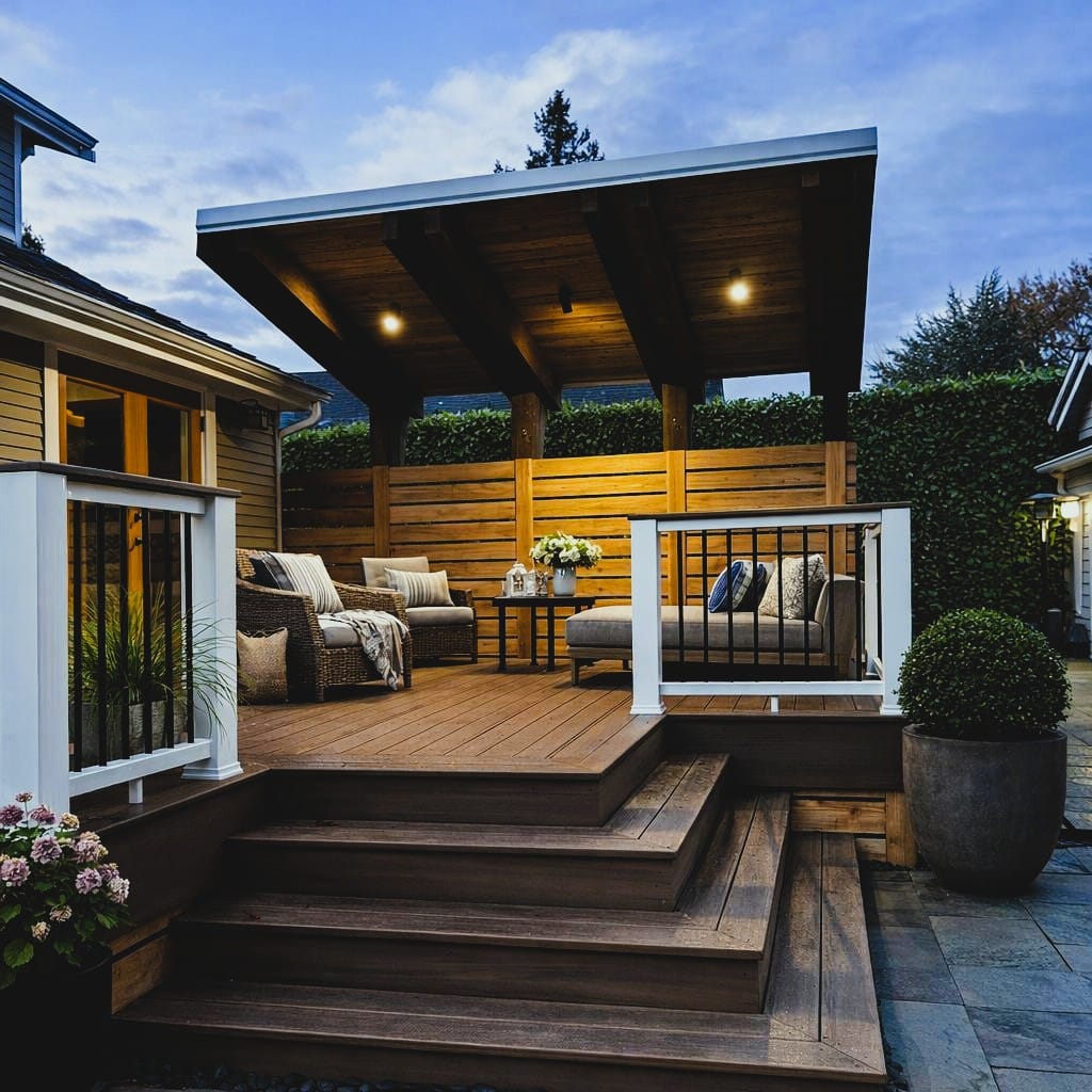 Custom composite deck with cable railing and wide stairs — Seattle custom deck builder