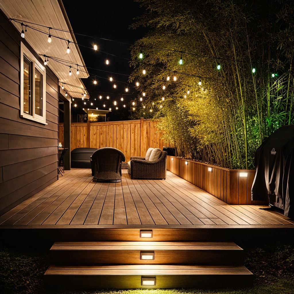 Composite deck with integrated step lighting, planter lights, and uplighting at night — Seattle outdoor lighting design