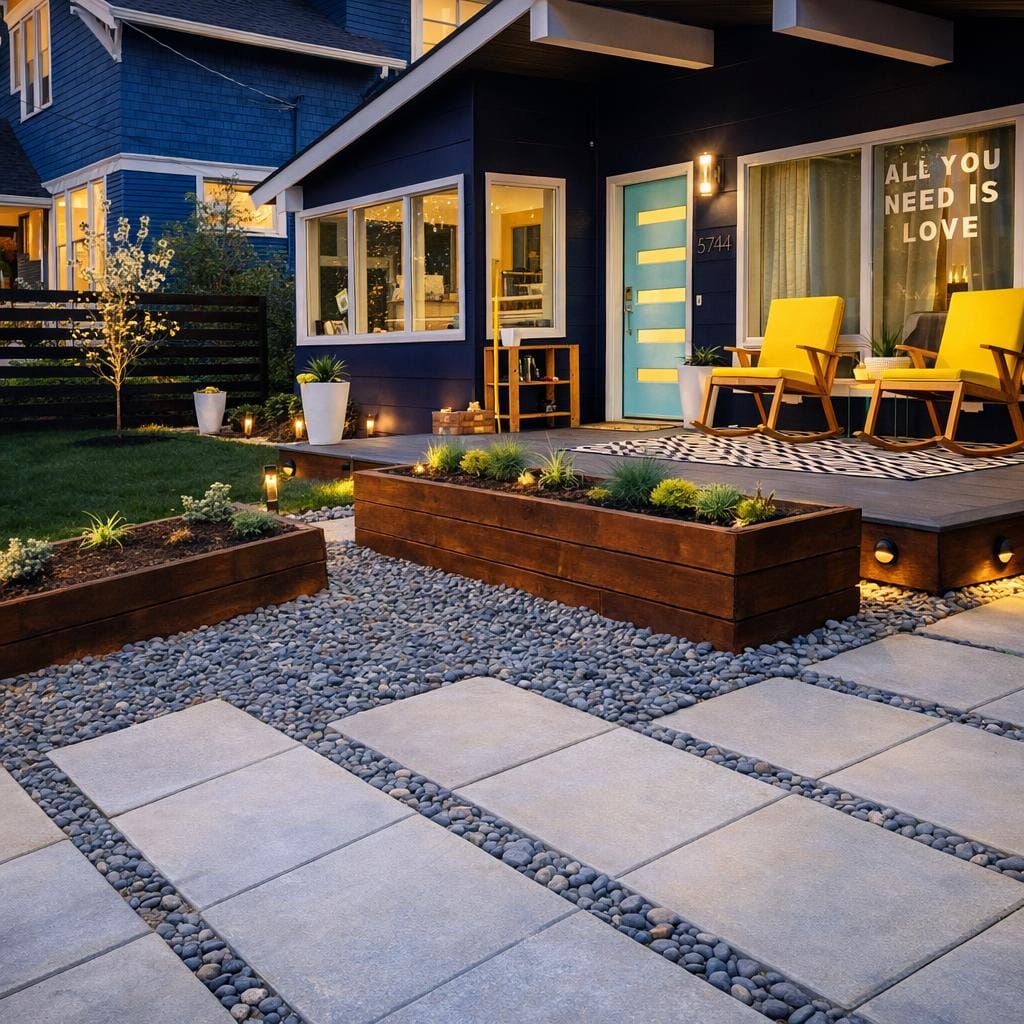 Custom landscape design with concrete pavers, river rock, raised cedar planters and pathway lighting at dusk — Seattle landscape contractor
