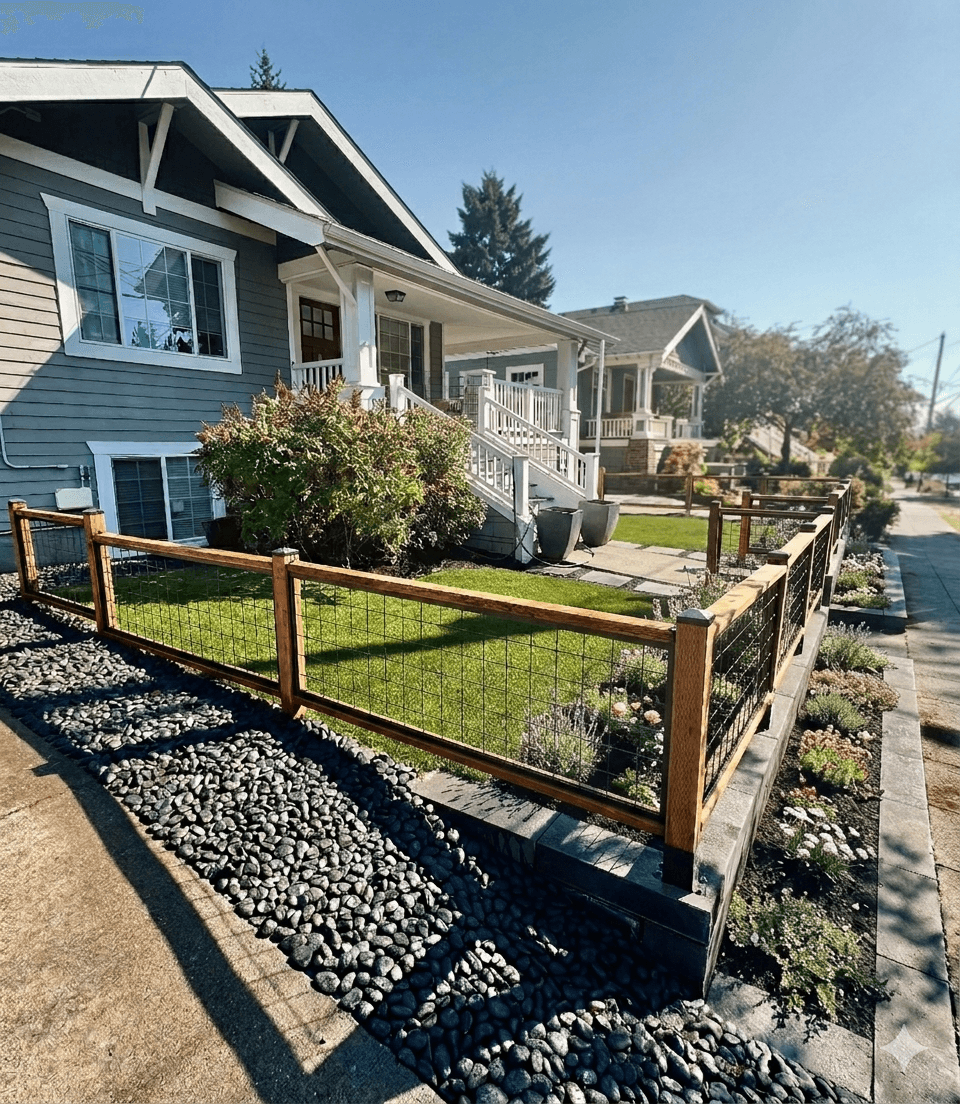 Custom cedar hog panel fence with river rock and landscaping — Seattle custom fence builder