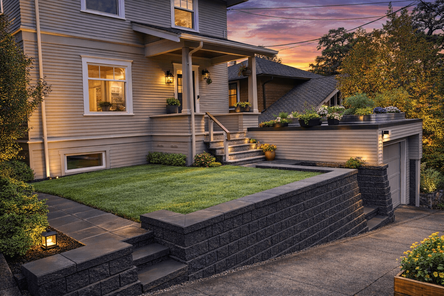 Tiered block retaining wall with level lawn and landscape lighting at sunset — Seattle retaining wall contractor