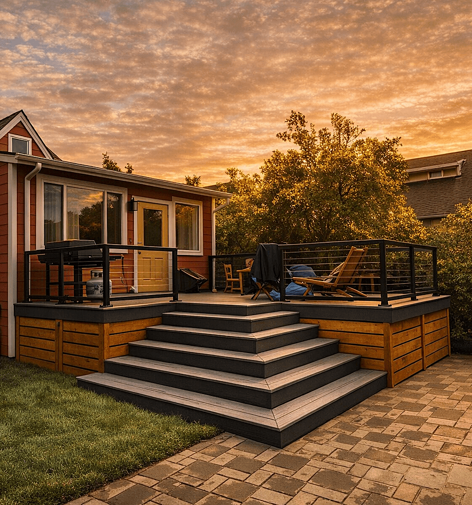 Black cable railing system on composite deck with wide stairs at golden hour — Seattle custom railing installation